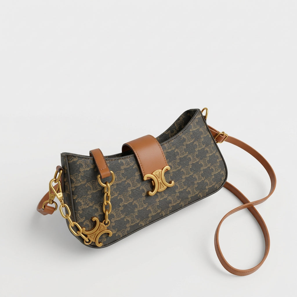 Chic Triomphe Clasp Shoulder Bag with Chain & Belt Straps