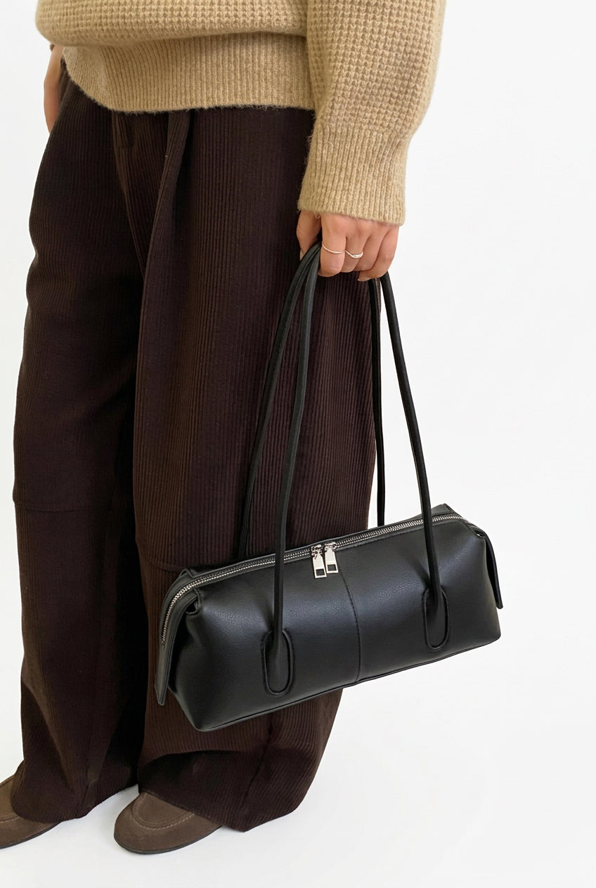 Sleek East-West Barrel Shoulder Bag with Slim Double Straps