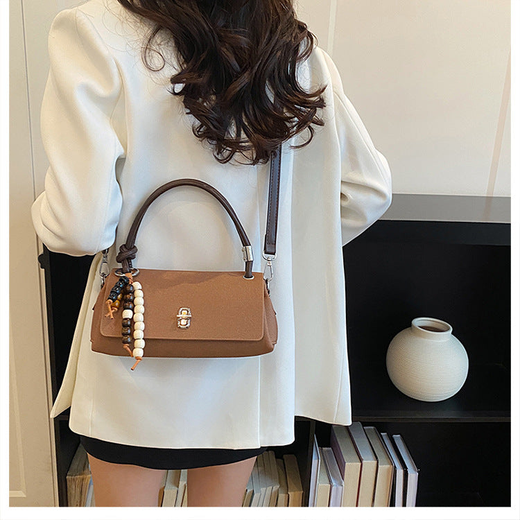 Structured Top-Handle Crossbody Bag with Pearl & Wood Beaded Charm