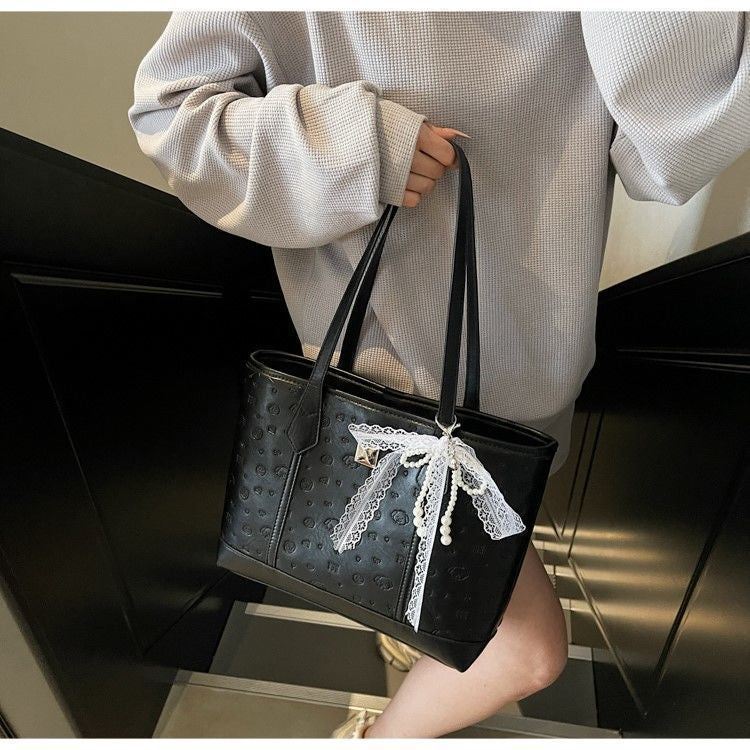 Coquette Lace Ribbon Embossed Tote Bag | Elegant Feminine Shoulder Handbag