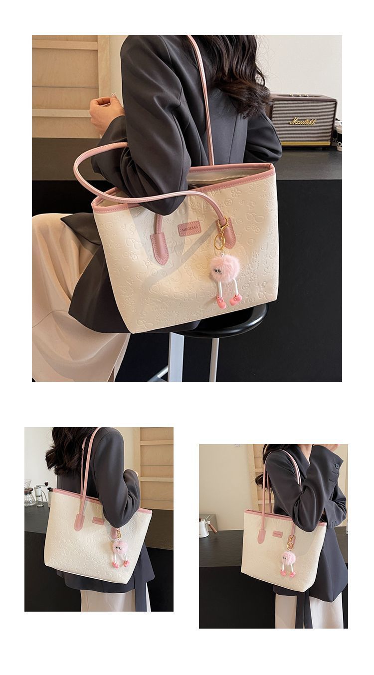 Elegant Embossed Shoulder Tote Bag | Large Capacity Work & Daily Bag with Plush Charm