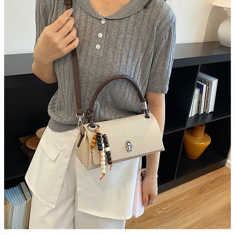 Structured Top-Handle Crossbody Bag with Pearl & Wood Beaded Charm