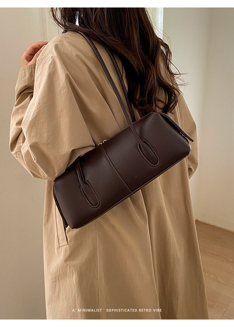 Sleek East-West Barrel Shoulder Bag with Slim Double Straps