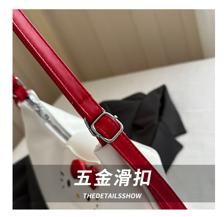 Hello Kitty Canvas Hobo Bag | Contrast Red Strap Casual Crossbody