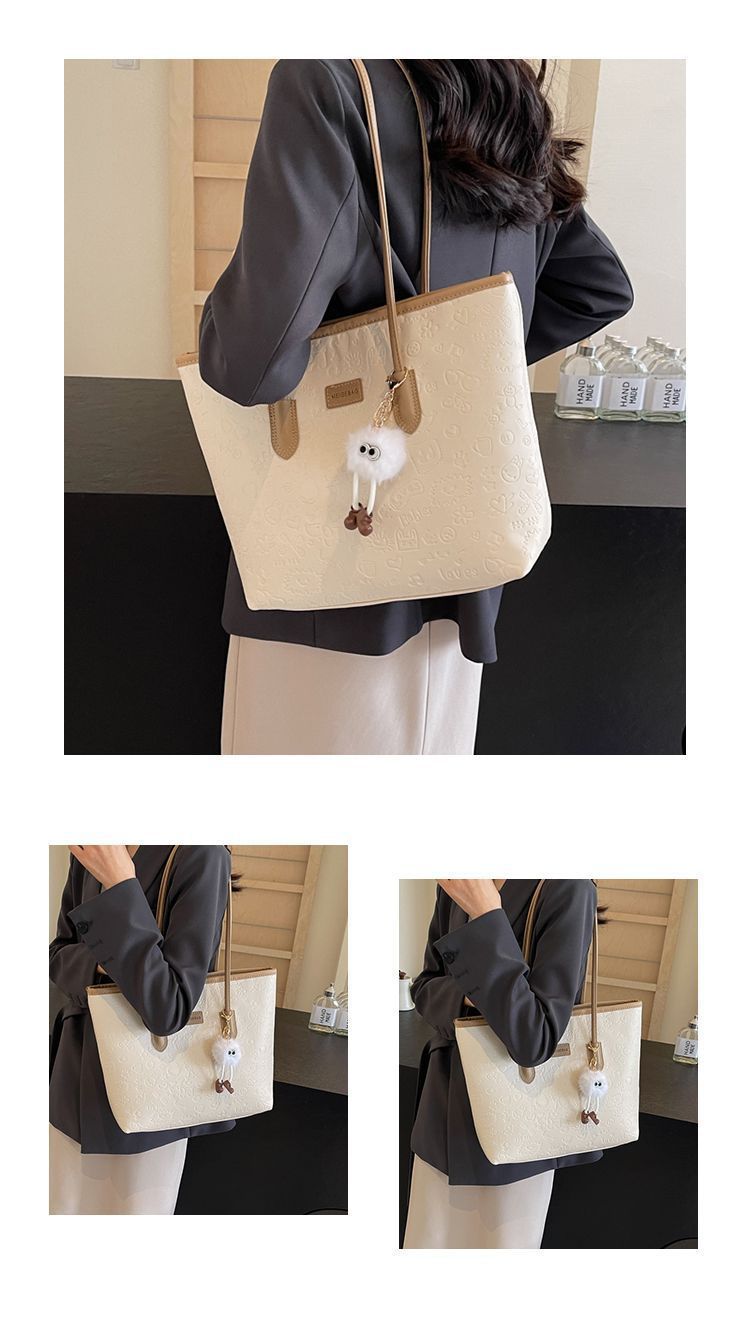 Elegant Embossed Shoulder Tote Bag | Large Capacity Work & Daily Bag with Plush Charm