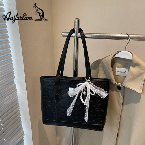 Coquette Lace Ribbon Embossed Tote Bag | Elegant Feminine Shoulder Handbag