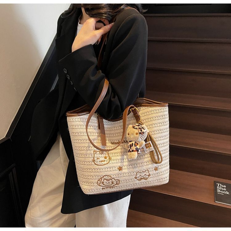Casual Large Capacity Summer Beach Tote | Japanese Style Printed Straw Bag
