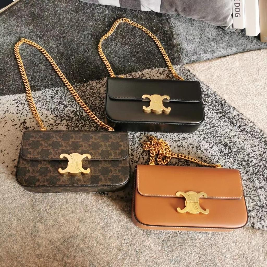 Luxury Triomphe Gold-Chain Genuine Leather Flap Bag