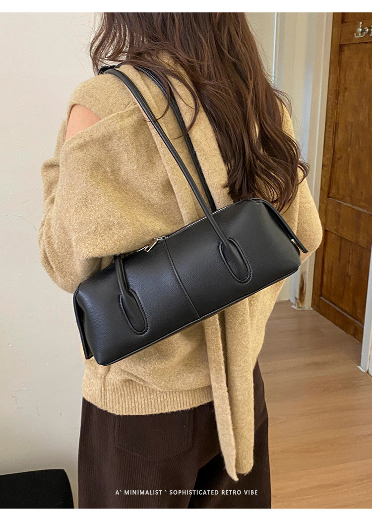 Sleek East-West Barrel Shoulder Bag with Slim Double Straps