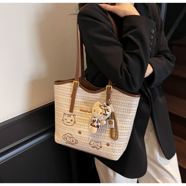 Casual Large Capacity Summer Beach Tote | Japanese Style Printed Straw Bag